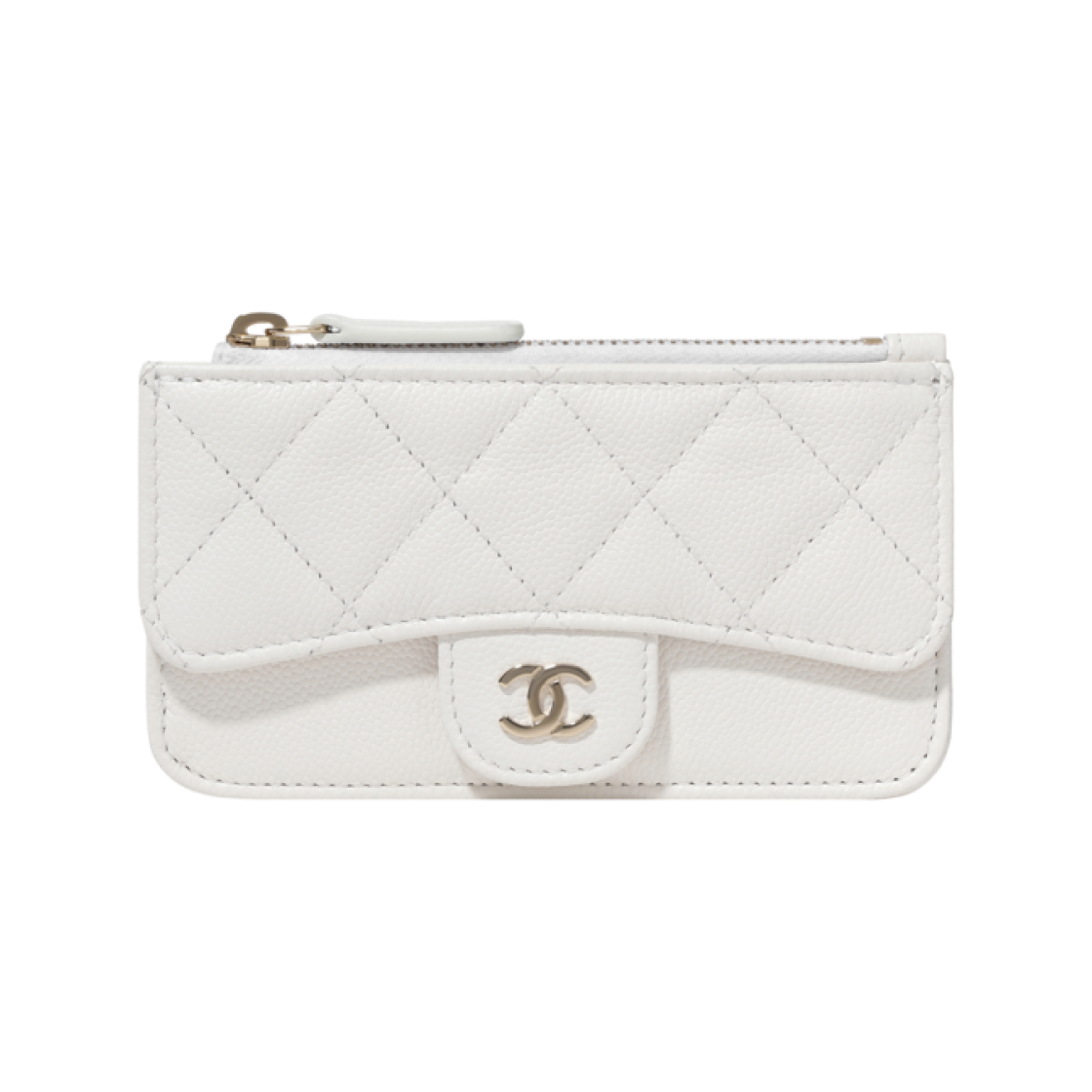 샤넬 클래식 지퍼 카드 홀더 그레인드 샤이니 카프스킨 & 골드 메탈 화이트(Chanel Classic Zipped Card Holder Grained Shiny Calfskin & Gold White) - 1