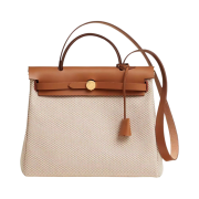 Hermes Herbag Zip 31 Bag Criss Viking Canvas Hunter Cowhide & Gold Ecru Beige Fauve