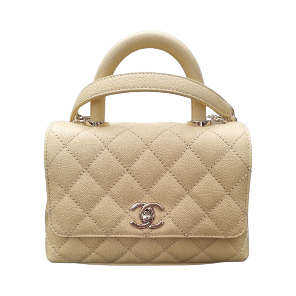 샤넬 핸들 장식의 미니 플랩백 그레인드 카프스킨 & 골드 메탈 라이트 옐로우