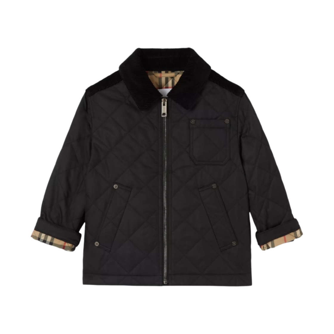 (키즈) 버버리 코듀로이 디테일 다이아몬드 퀼티드 자켓 블랙((Kids) Burberry Corduroy Detail Diamond Quilted Jacket Black)