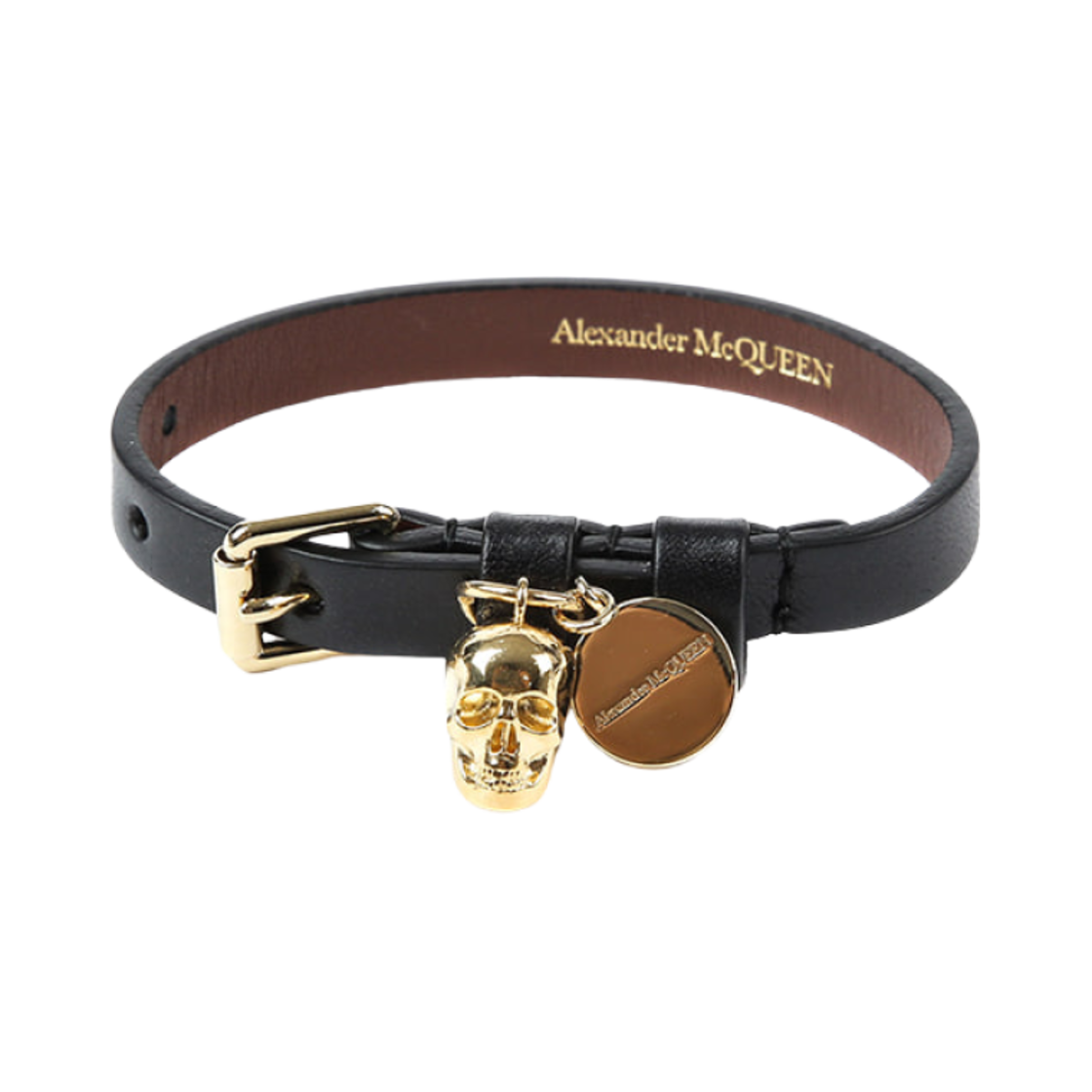 554467CQE0T1000 Alexander McQueen Gold Skull Strap Bracelet Black