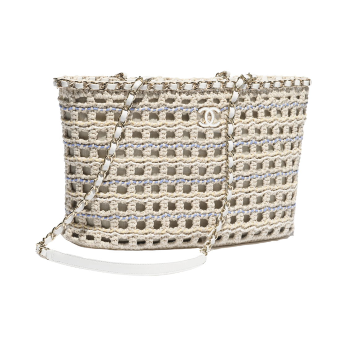 샤넬 스몰 쇼핑백 코튼 크로쉐 & 골드 메탈 베이지 화이트 블루 옐로우(Chanel Small Shopping Bag Cotton Crochet & Gold Beige White Blue Yellow) - 2