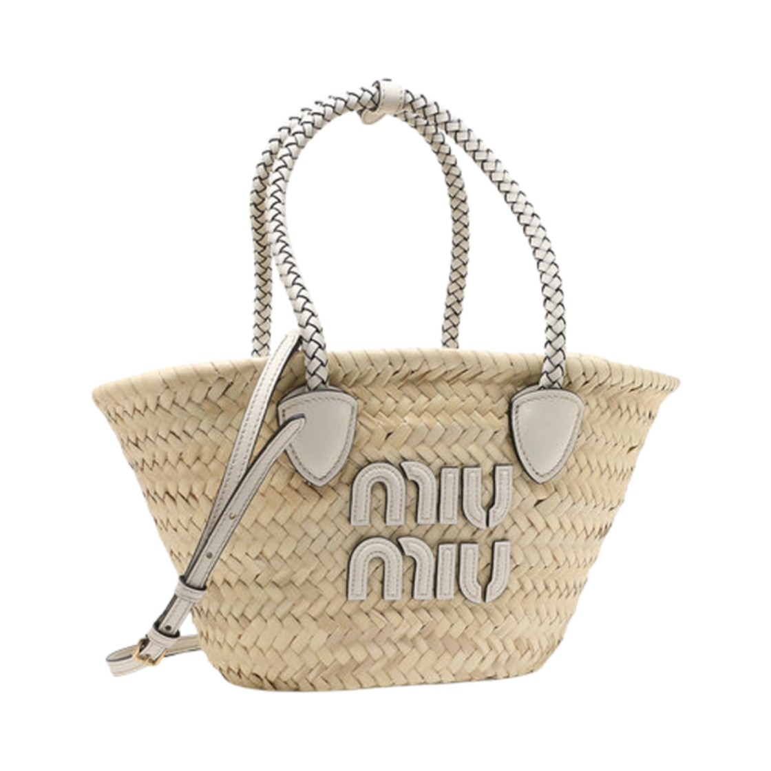 5BG273-2DDH-F0N86 Miu Miu Woven Fabric Raffia Tote Bag Tan White