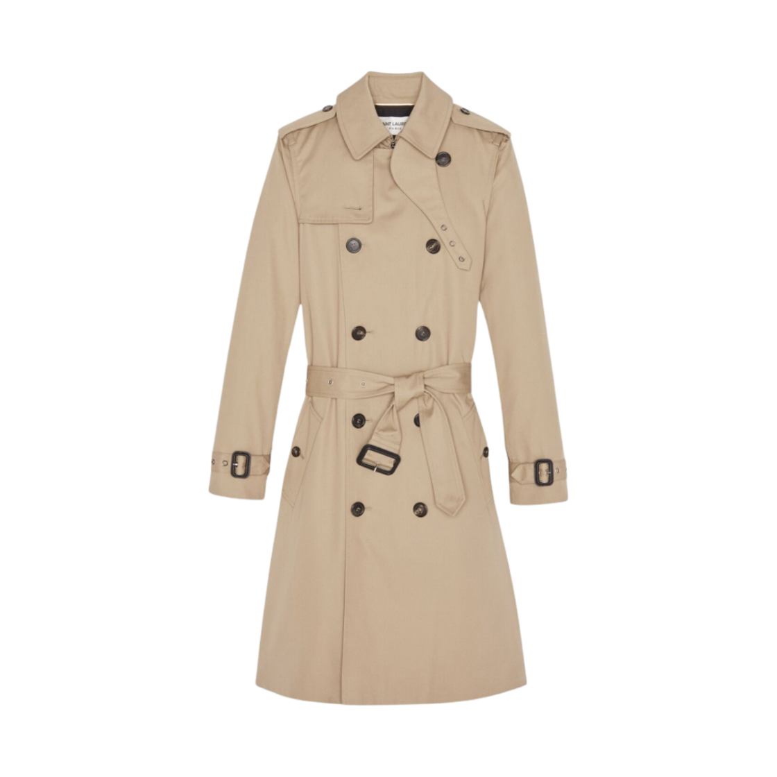 (W) 생로랑 개버딘 더블 브레스트 트렌치 코트 샌드((W) Saint Laurent Double Breasted Trench Coat in Gabardine Sand)