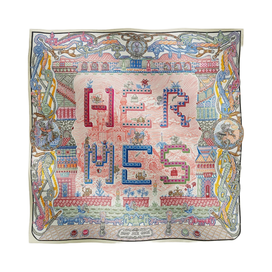 (W) 에르메스 슈퍼 실크 퀘스트 스카프 90 크렘 로즈 블루((W) Hermes Super Silk Quest Scarf 90 Creme Rose Bleu) - 1