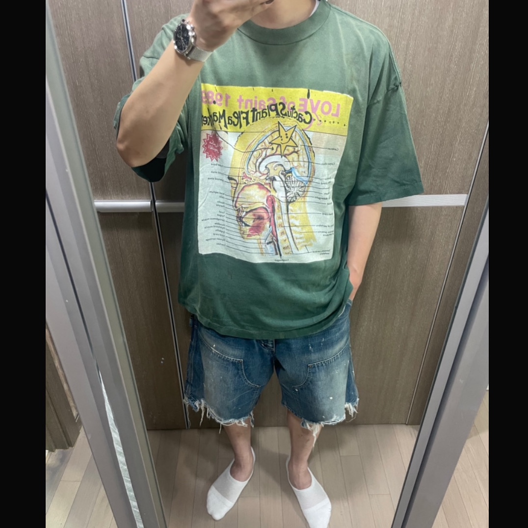 Saint Mxxxxxx x Cactus Plant Flea Market Love of SNT S/S T-Shirt Green, Saint Mxxxxxx Double Knee Shorts Blue - 25SS 착용 스타일