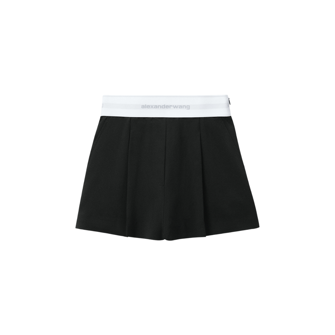 (W) 알렉산더 왕 로고 엘라스틱 디테일 하이 웨이스트 플리츠 쇼츠 블랙((W) Alexander Wang High-Waist Pleated Shorts with Logo Elastic Detail Black)