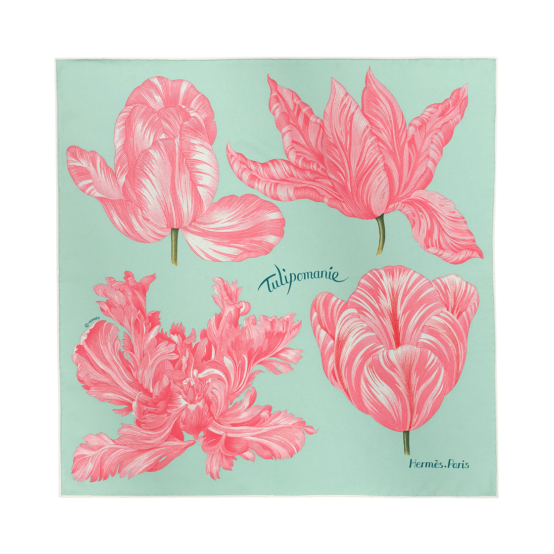 H894287S13 (W) Hermes Tulipomanie Detail Scarf 45 Vert Veronese Vieux Rose Blanc