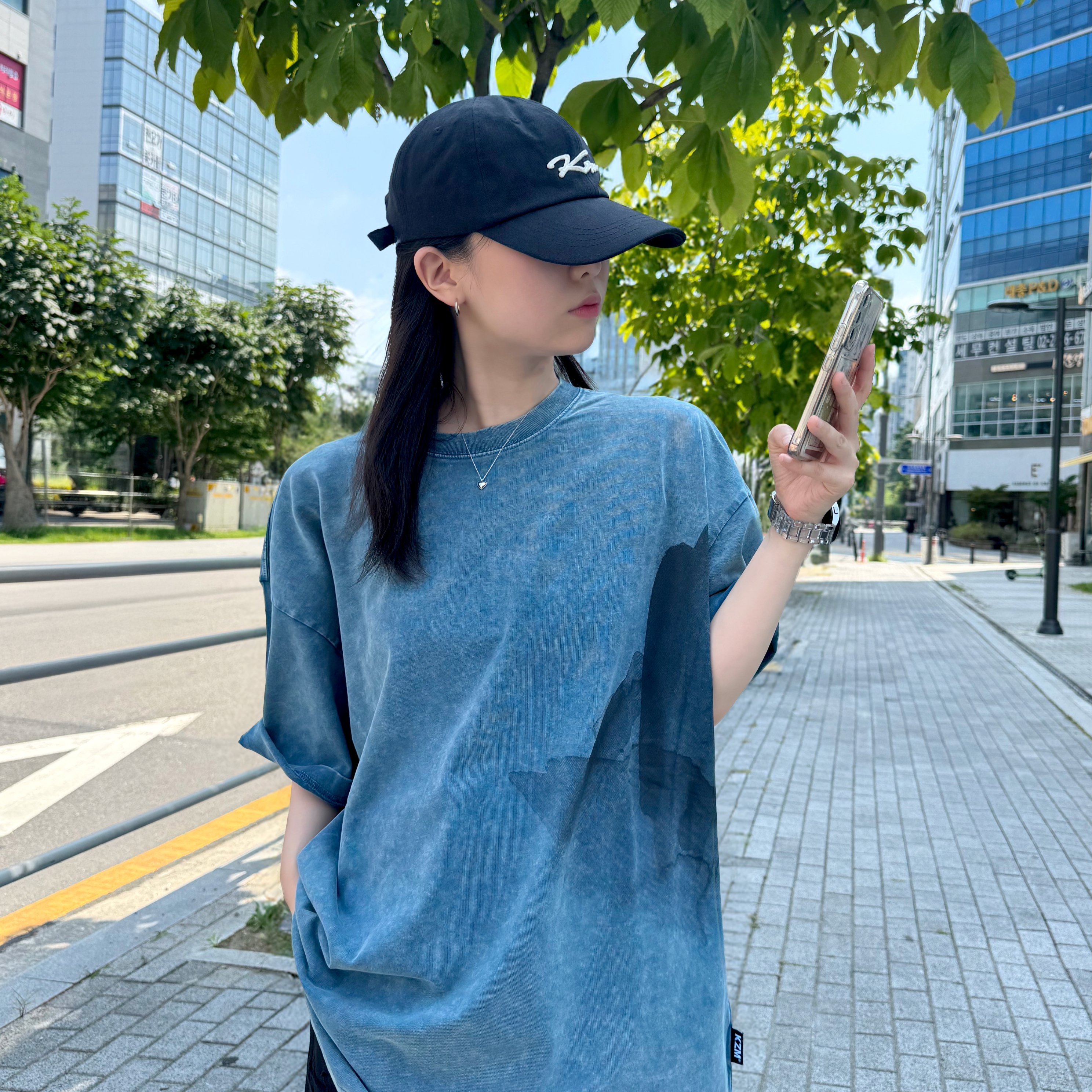 KZM One Point Washing T-Shirt Blue, KZM MELTON PATCH CAP BLACK 착용 스타일