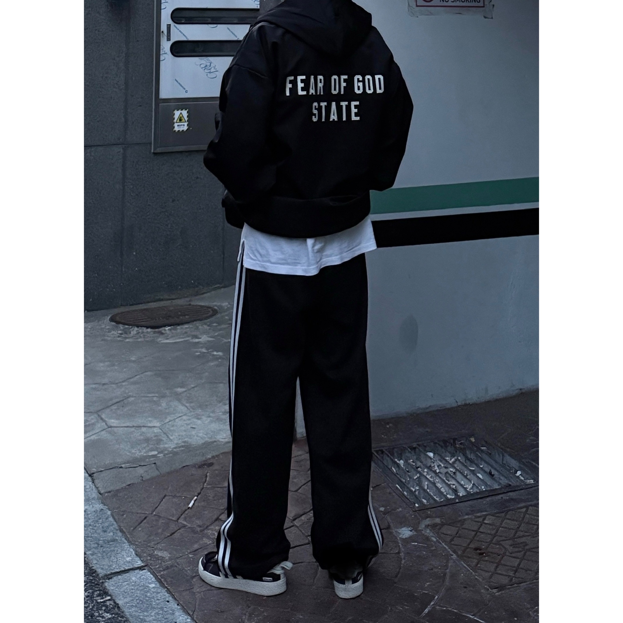 Essentials Textured Nylon Hooded Coaches Jacket Black - 24FW, Adidas x Song for the Mute Campus 80s Core Black Cream White 착용 스타일