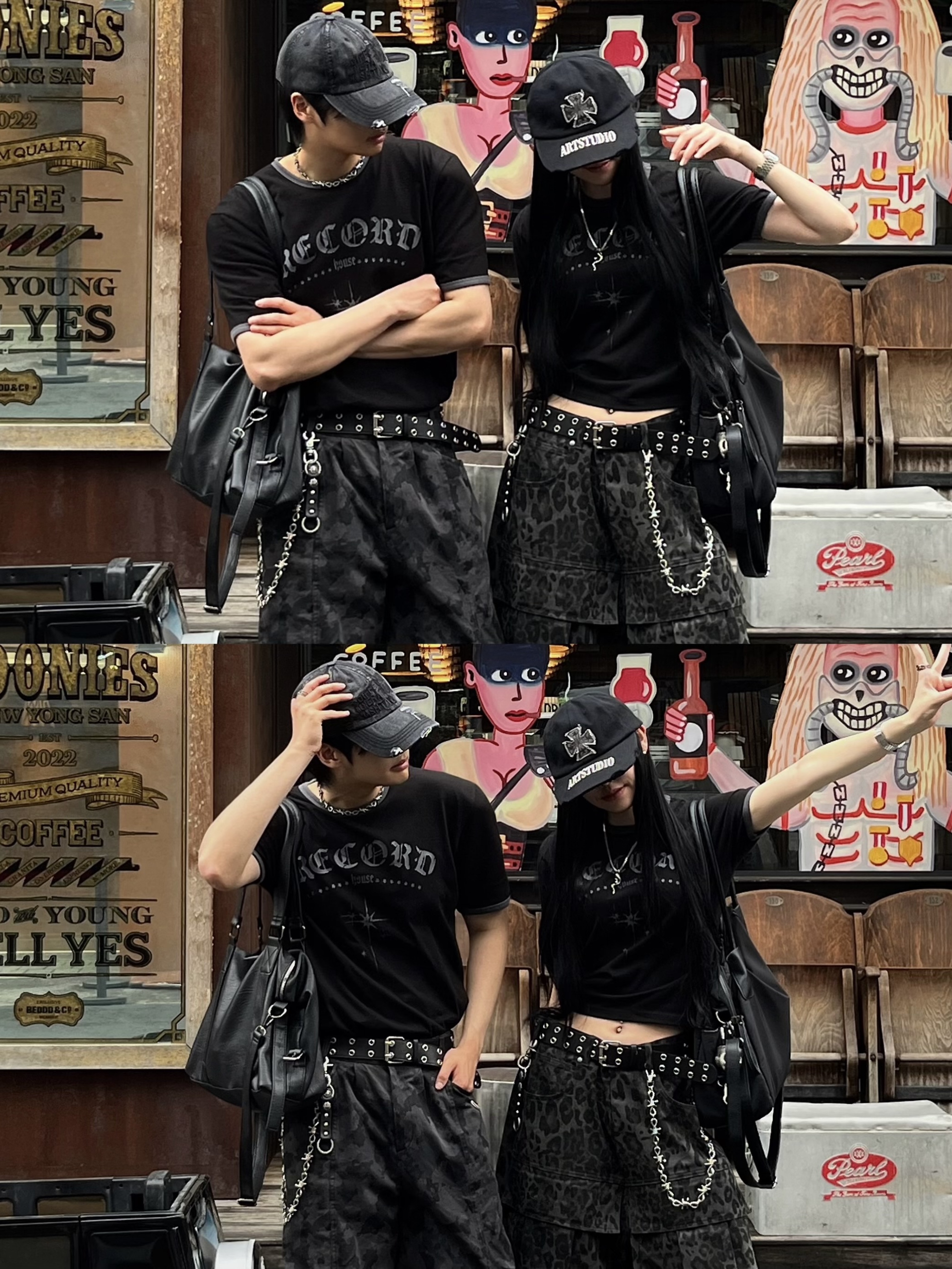 SLOW RECORD HOUSE Unisex RECORD Ringer Tee Black 착용 스타일 - 4