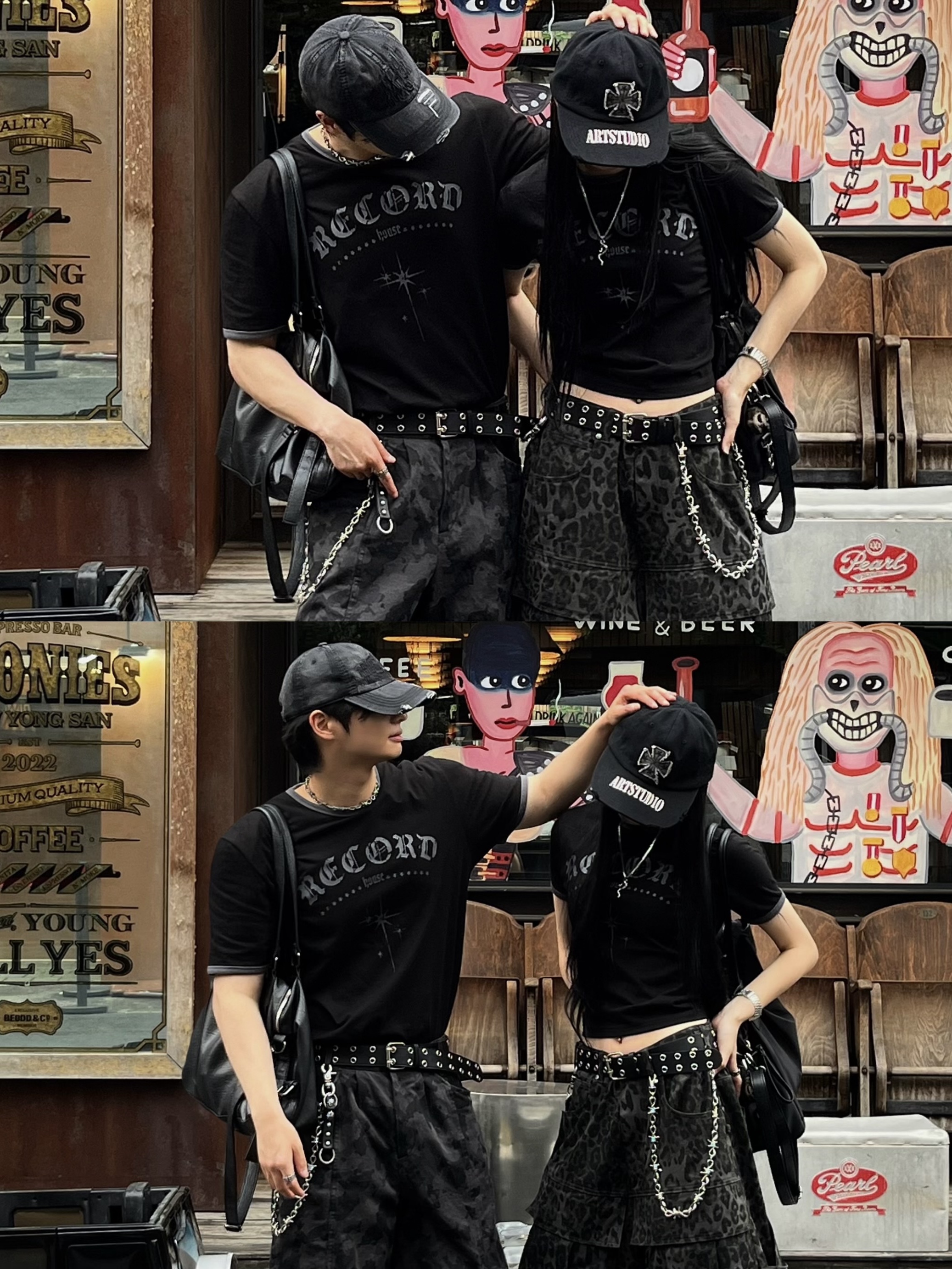 SLOW RECORD HOUSE Unisex RECORD Ringer Tee Black 착용 스타일 - 5