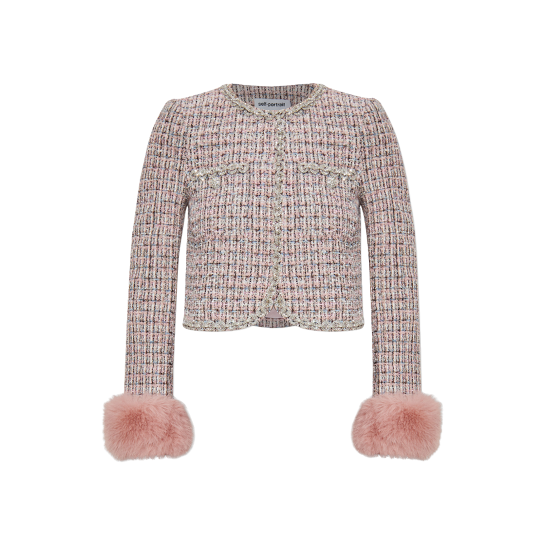 (W) 셀프 포트레이트 부클 퍼 커프 자켓 핑크((W) Self Portrait Boucle Fur Cuff Jacket Pink)
