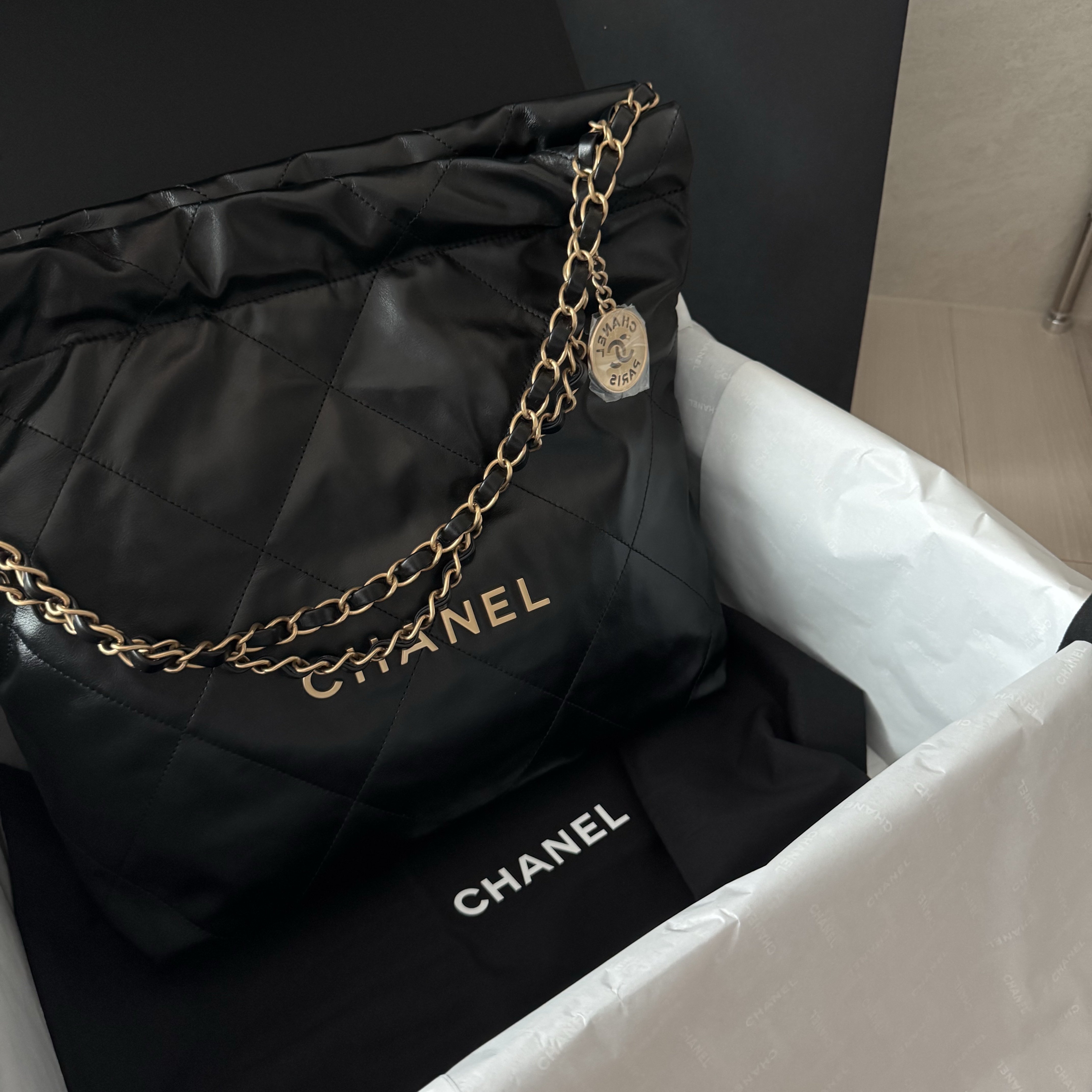 Chanel 22 Small Handbag Shiny Calfskin & Gold Black 착용 스타일 - 1