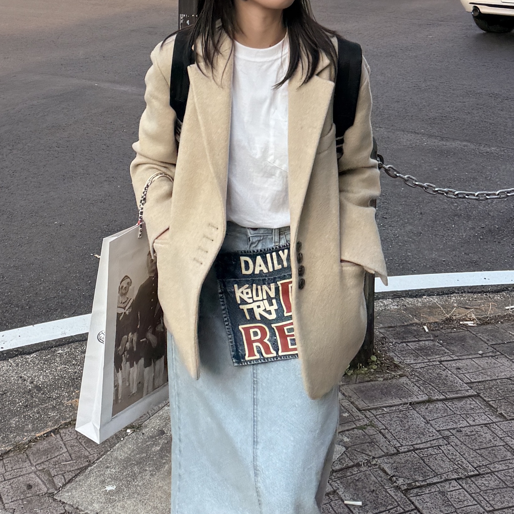 Kapital 13 oz. Denim Damaged Denim Repairspt Short Ad Apron Indigo (Processing), Kapital 13 oz. Denim High Waist Maxi Skirt Indigo 착용 스타일 - 4