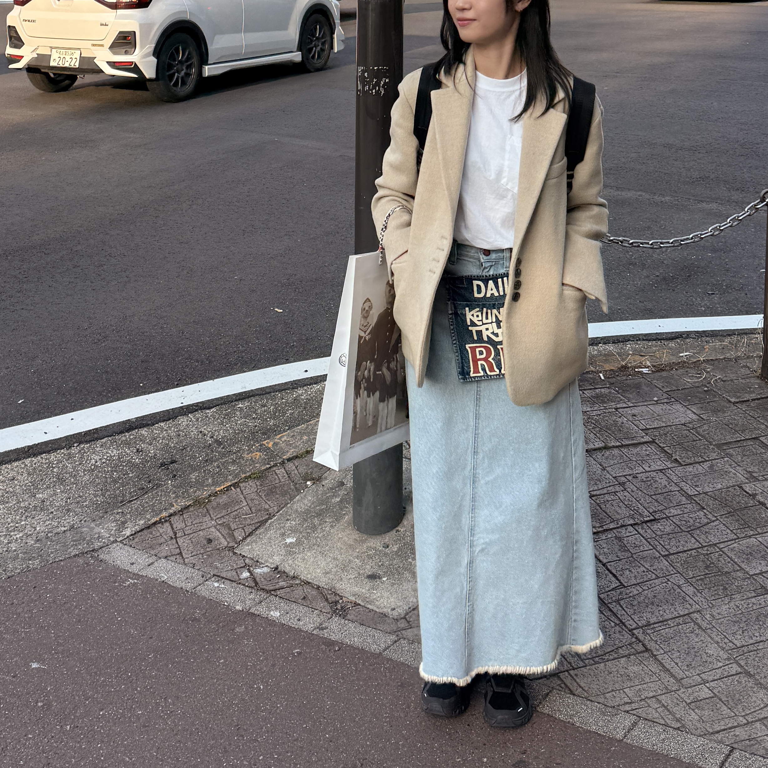 Kapital 13 oz. Denim Damaged Denim Repairspt Short Ad Apron Indigo (Processing), Kapital 13 oz. Denim High Waist Maxi Skirt Indigo 착용 스타일 - 1