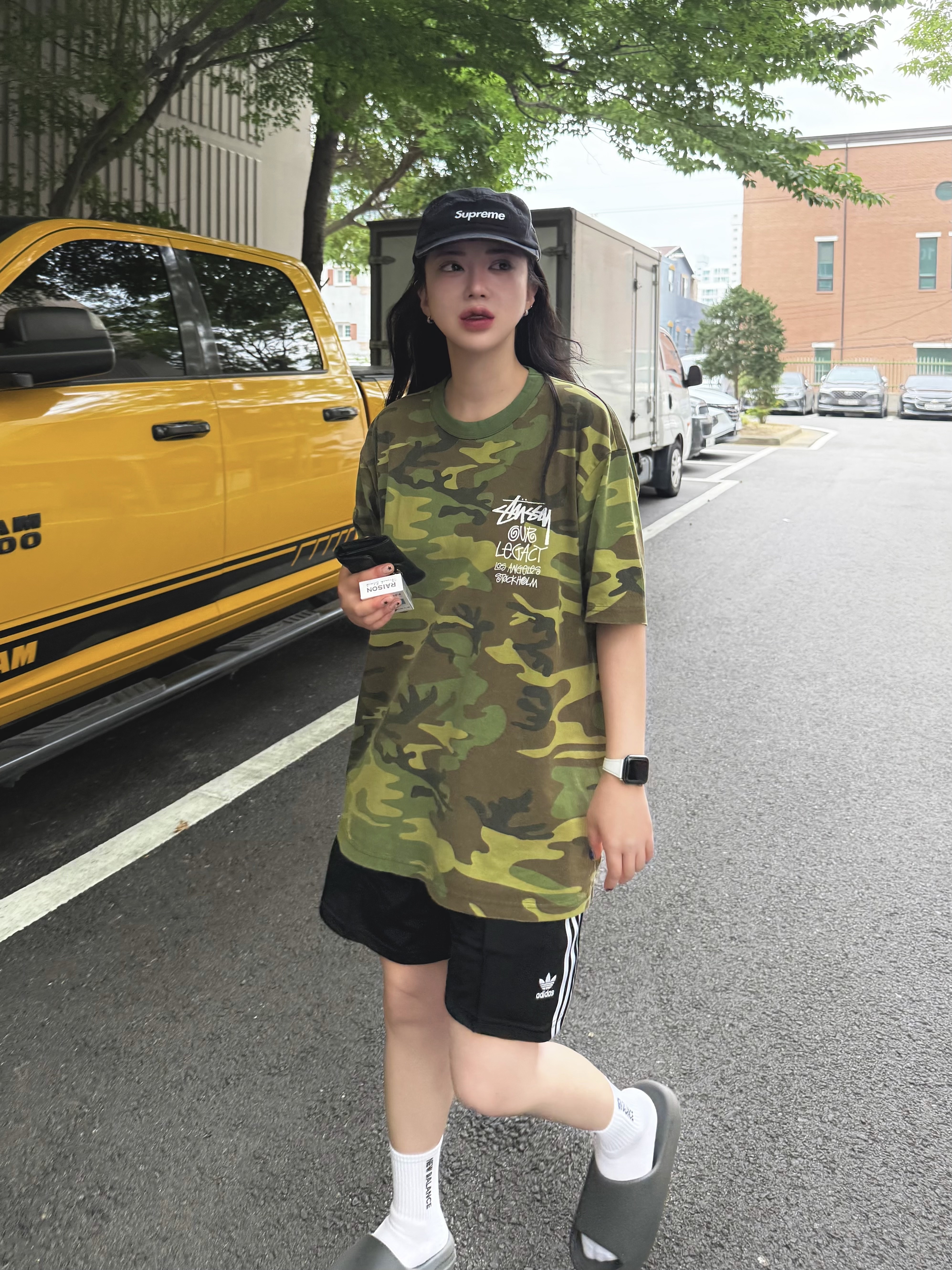 Stussy x Our Legacy Work Shop Surfman Pigment Dyed T-Shirt Camo, (W) Adidas Firebird Shorts Black - KR Sizing 착용 스타일 - 1