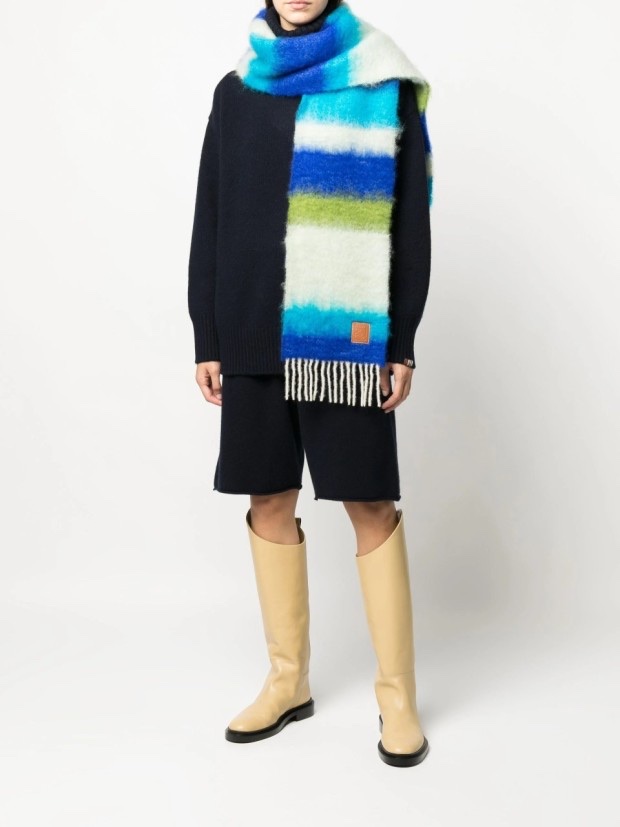 Loewe Stripe Muffler in Mohair Dark Blue Multicolor, Acne Studios Mohair Check Muffler Light Blue White 착용 스타일 - 1