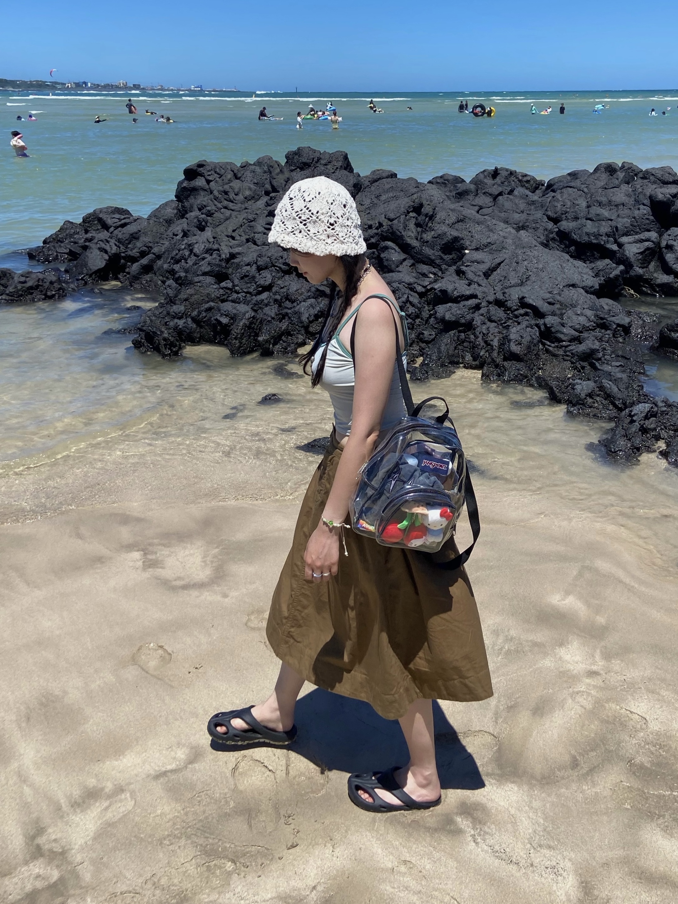 Jansport Clear Mini Pack Clear, Keen Shanti Black Dawn Blue 착용 스타일
