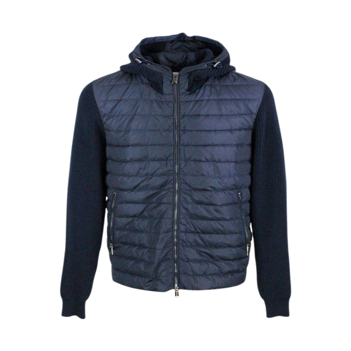 에드 후드 니트 텍스처 콤비네이션 패디드 가디건 다크 블루(Add Hooded Knit texture Combination Padded Cardigan Dark Blue)