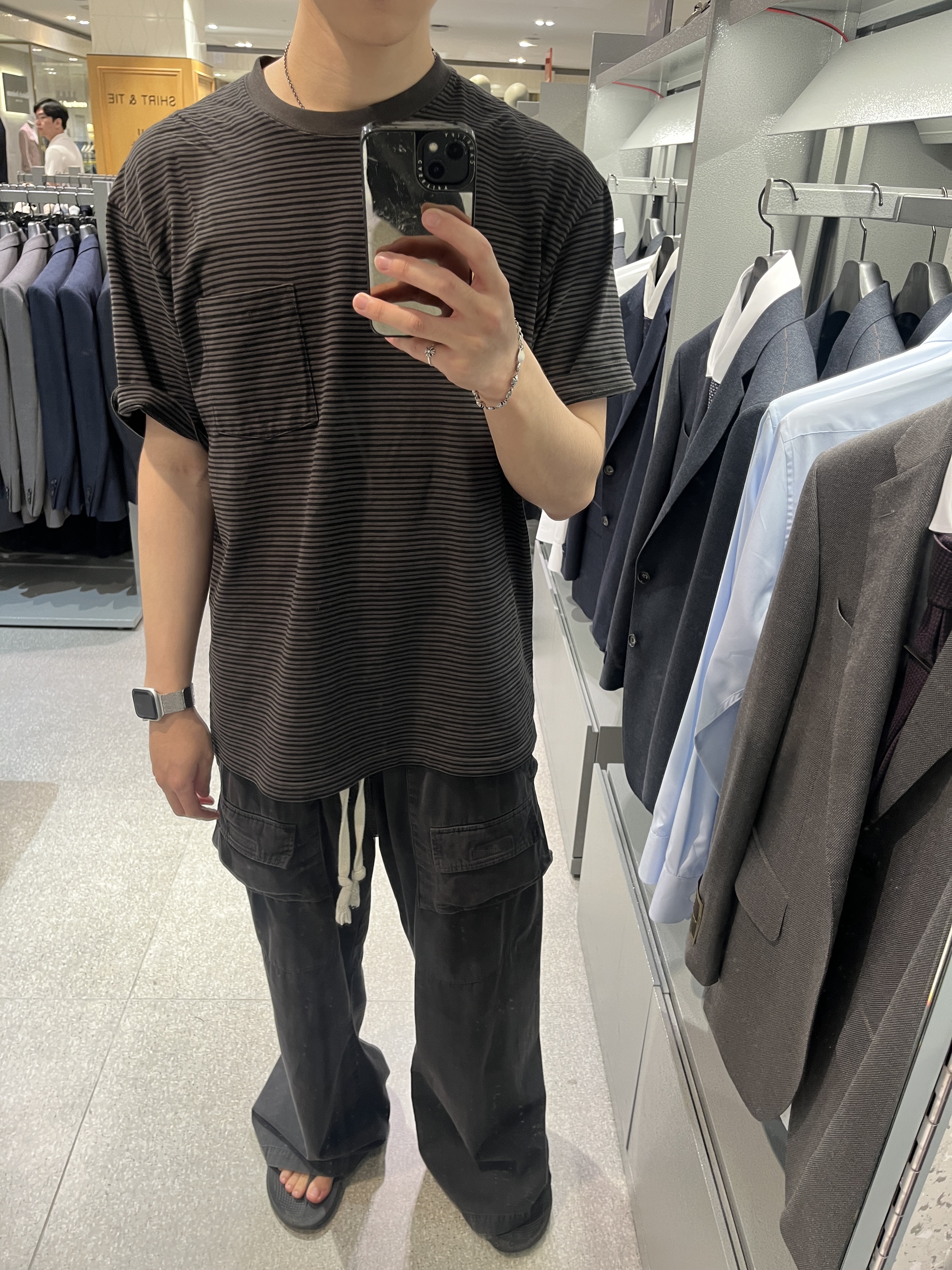 Polyteru Human Index Human Striped Pocket 1/2 T-Shirt Charcoal, Polyteru Front Cargo Pants 1.2v Black 착용 스타일