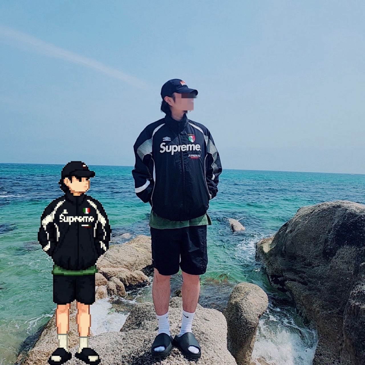 Supreme x Umbro Track Jacket Black - 22SS, Supreme Overprint Small Box S/S Top Green - 24SS 착용 스타일