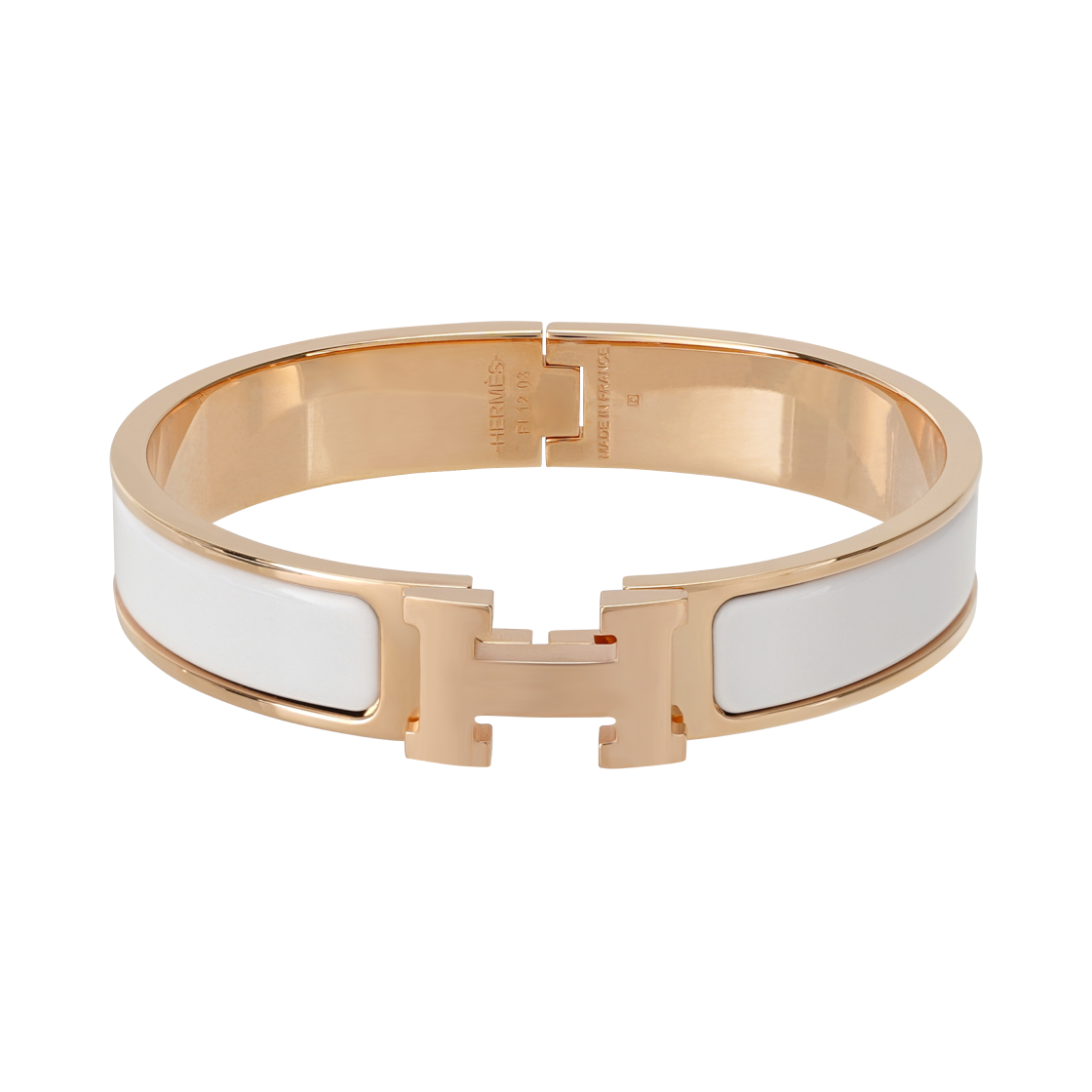 (W) 에르메스 클릭아슈 브레이슬릿 로즈 골드 하드웨어 & 블랑((W) Hermes Clic H Bracelet Rose Gold & Blanc)