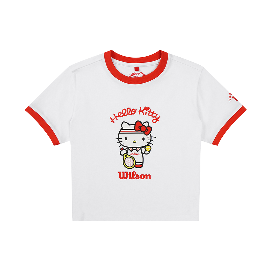 (W) 윌슨 x 산리오 캐릭터즈 헬로키티 그래픽 링거 크롭 티셔츠 화이트((W) Wilson x Sanrio Characters Hello Kitty Graphic Ringer Crop T-Shirt White)