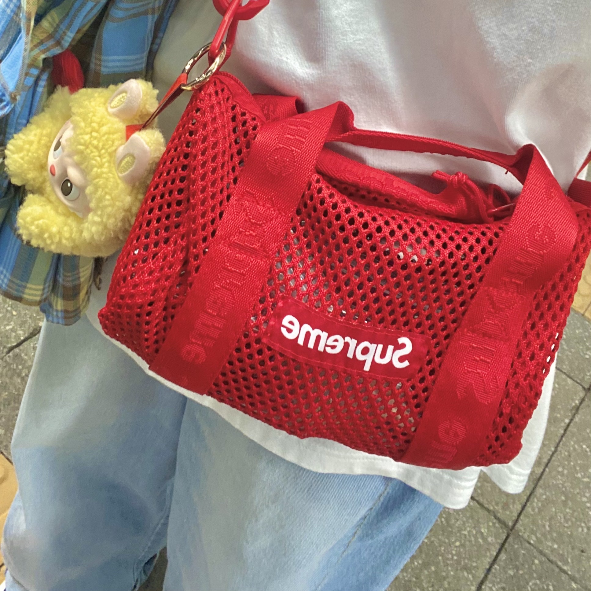 Supreme Mesh Mini Duffle Bag Red - 25SS, Pop Mart Labubu The Monsters Wacky Mart Series Earphone Case 착용 스타일