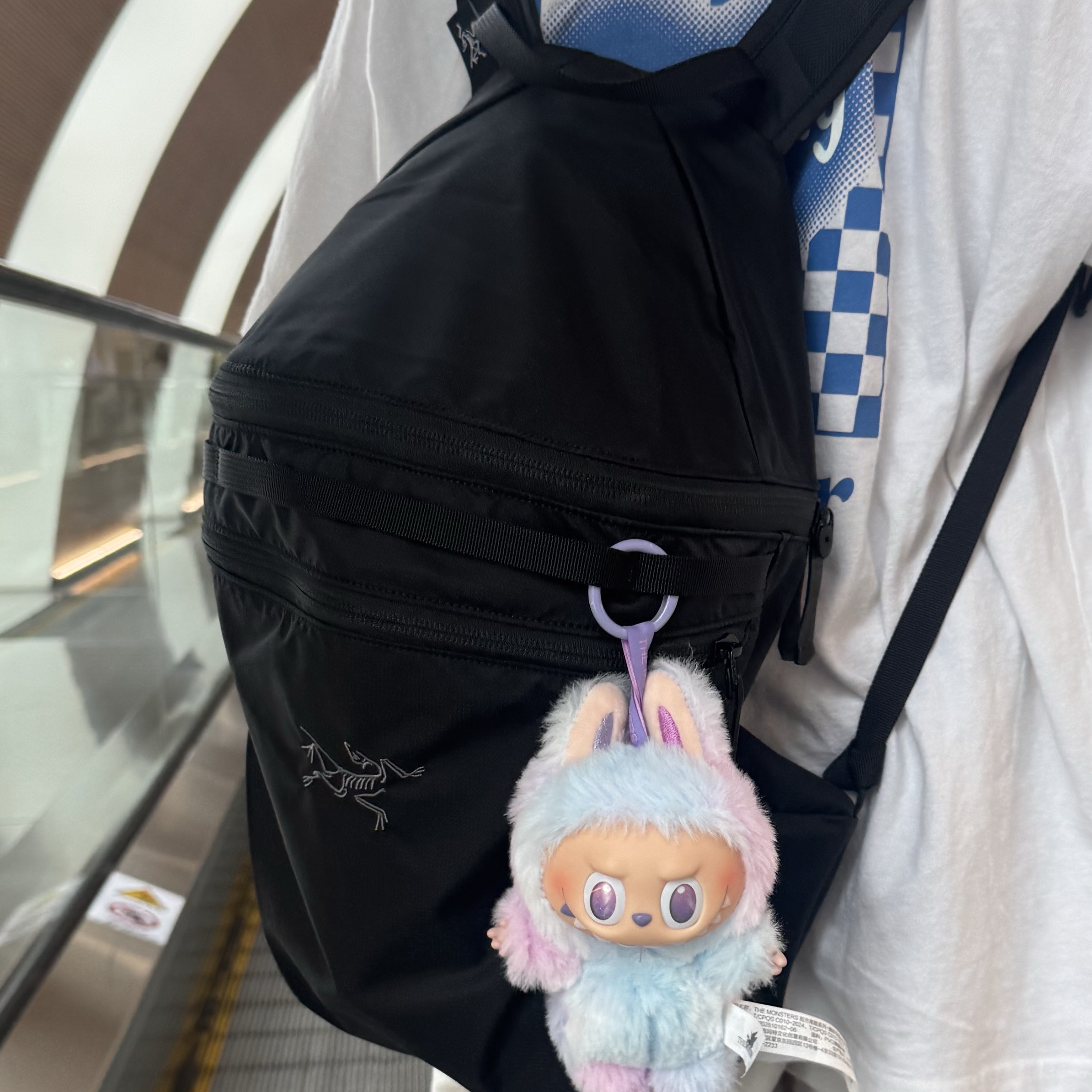 Arc'teryx Heliad 15 Backpack Black, Pop Mart Labubu The Monsters Highlight Series Luck Keyring (Opened Case) 착용 스타일 - 2