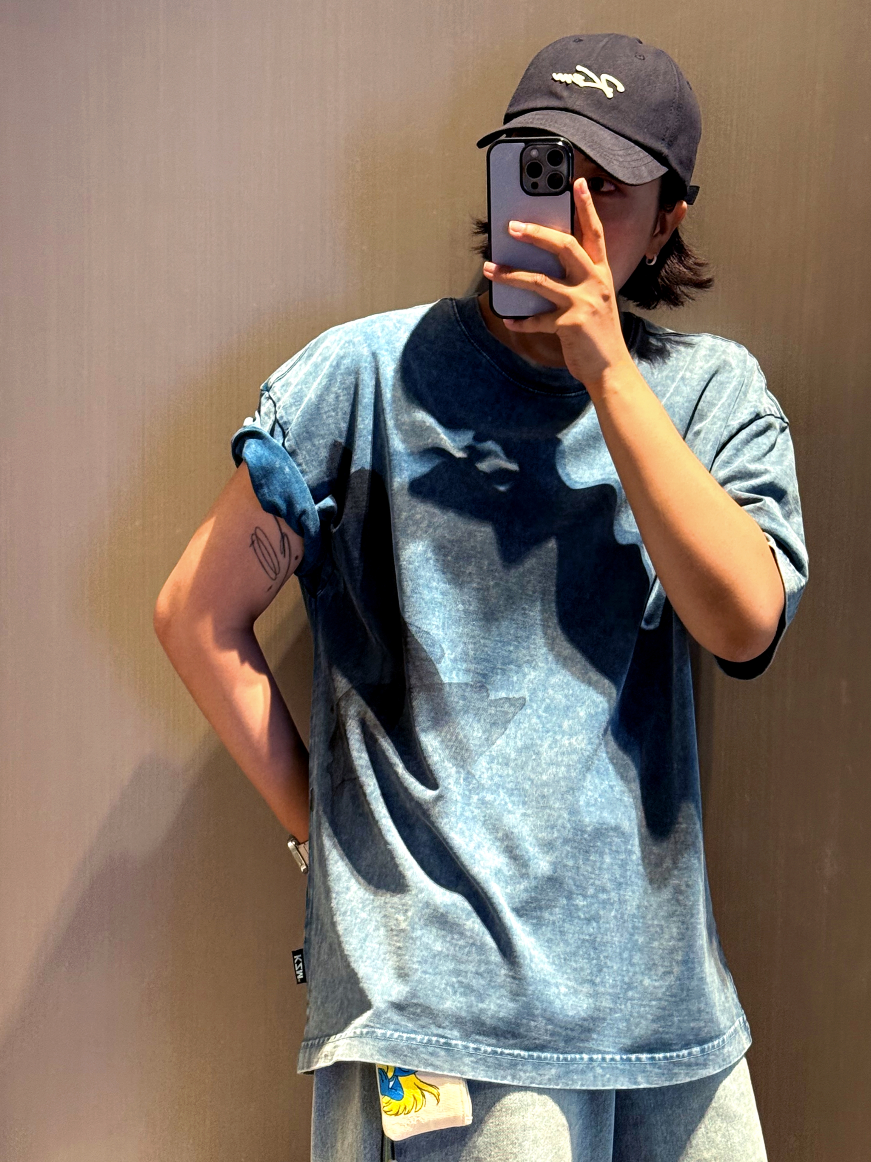 KZM One Point Washing T-Shirt Blue, KZM MELTON PATCH CAP BLACK 착용 스타일
