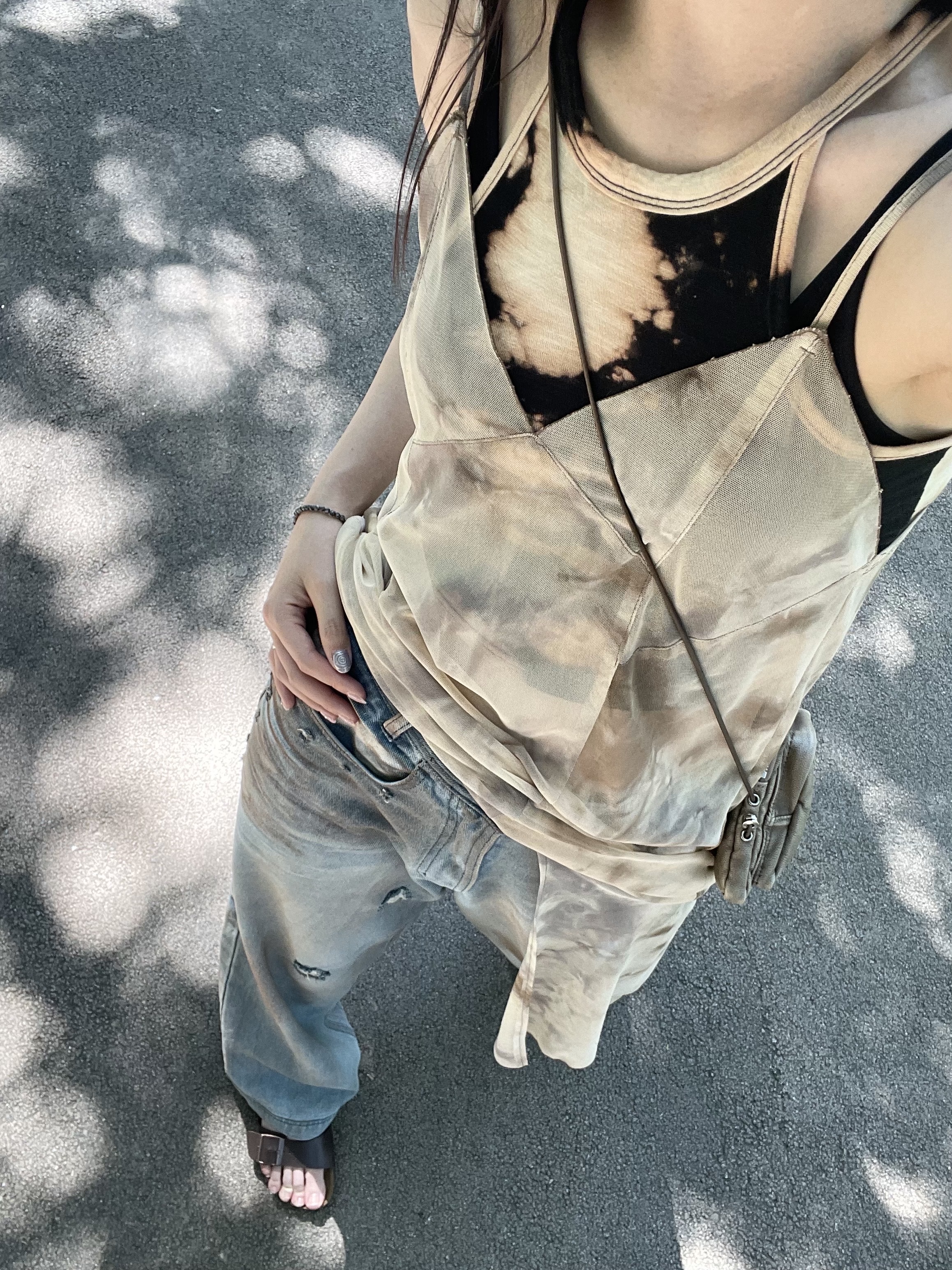 BLR Punched Dirty Wide Denim Pants Light Blue, Birkenstock Arizona Dark Brown - Regular 착용 스타일 - 1