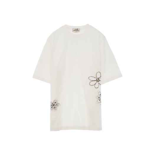 ITU426SRQ6V8 Hermes Flower Embroidered Short Sleeve T-Shirt XXS Ecru