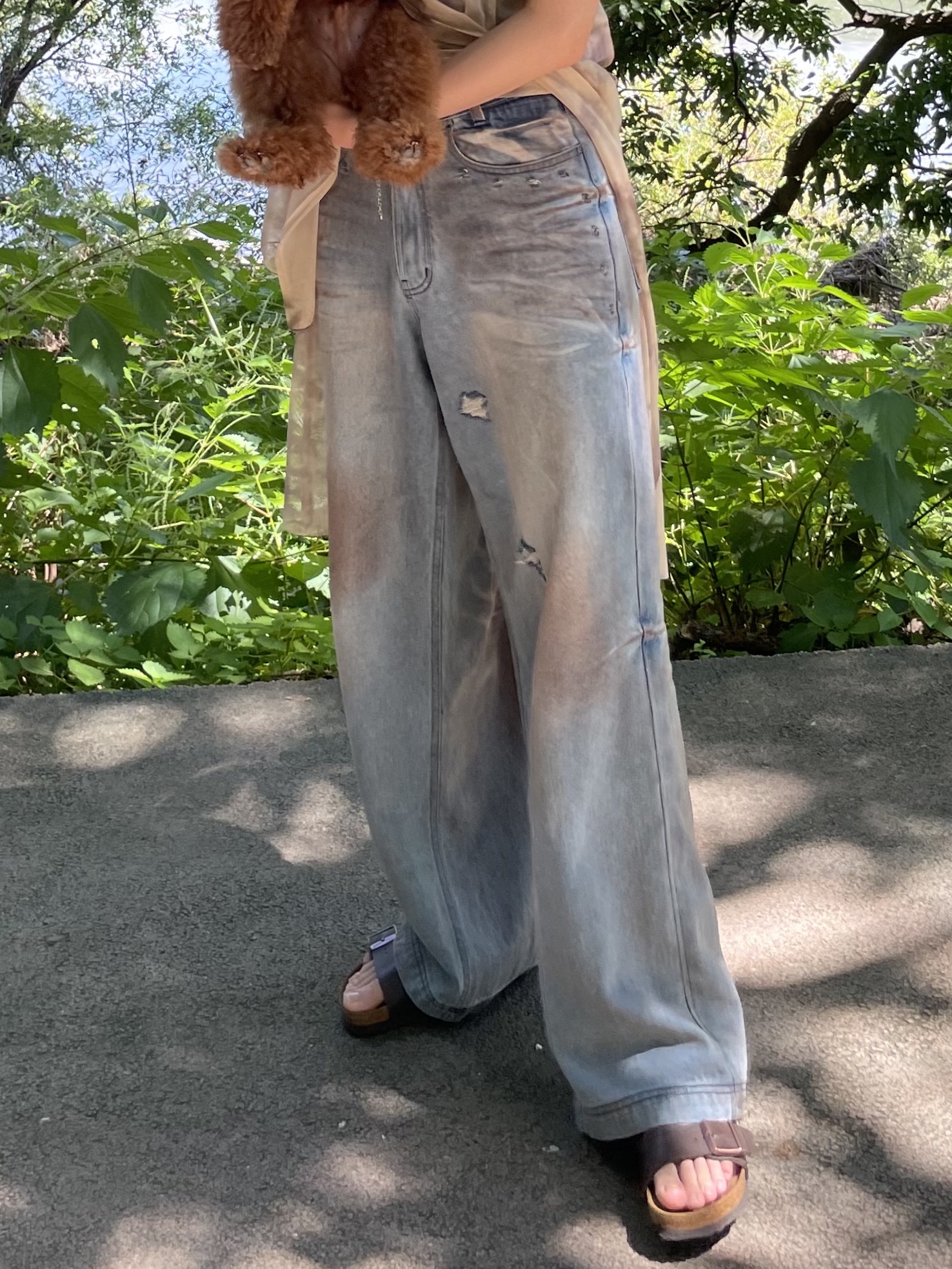 BLR Punched Dirty Wide Denim Pants Light Blue, Birkenstock Arizona Dark Brown - Regular 착용 스타일 - 3