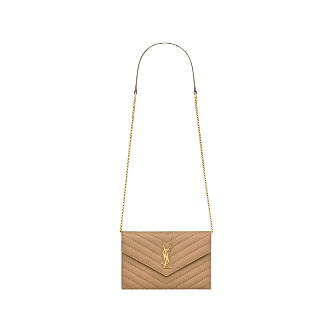 742920-AAA44-2357 Saint Laurent Cassandre Envelope Chain Wallet in Lambskin Natural Tan