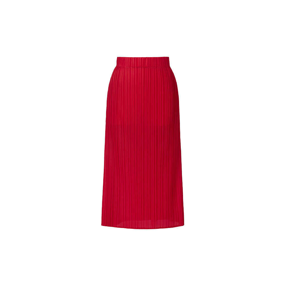 WSK2JRD Monplisse Women Back Slit H-line Pleats Long Skirt Red
