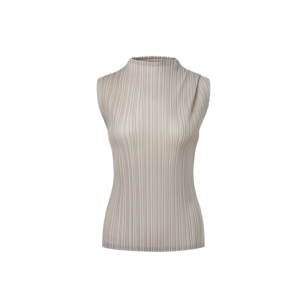 WTS3OLG Monplisse Women Half Neck Shirring Sleeveless Pleats Top Light Grey
