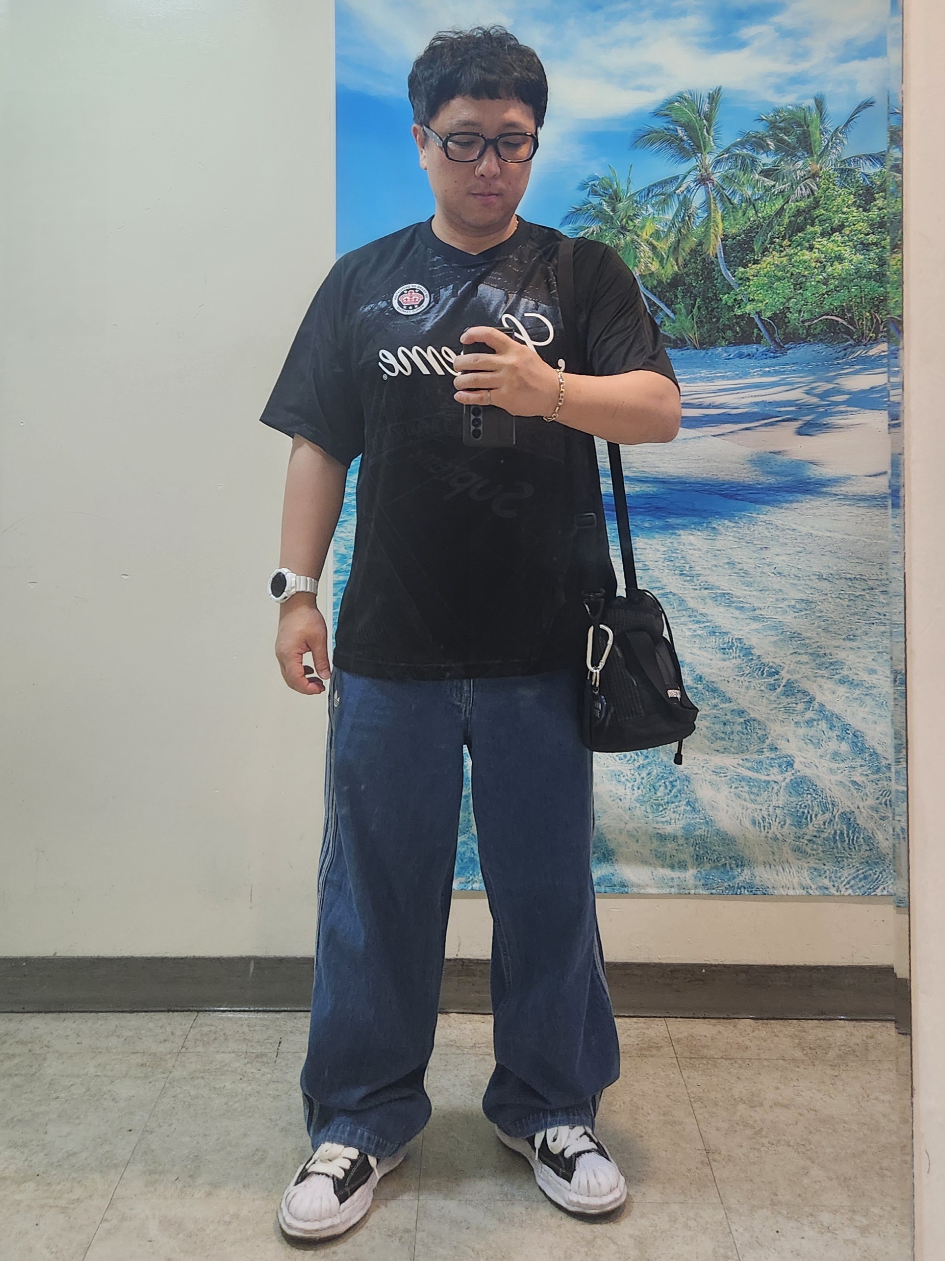 Supreme Jacquard Soccer Jersey Black - 24SS, Adidas Adicolor Denim Firebird Pants Medium Blue Denim - KR Sizing 착용 스타일
