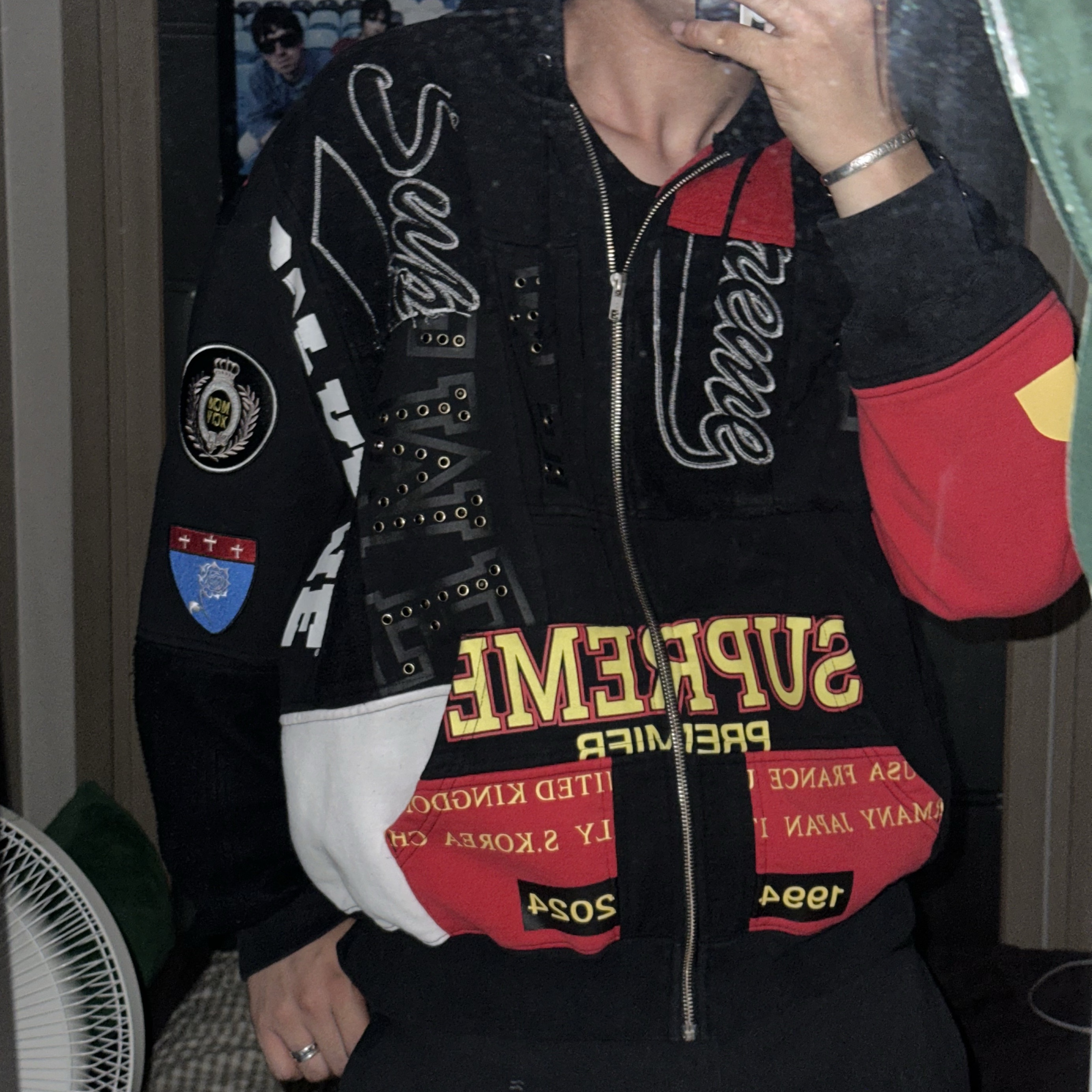 Supreme Patchwork Zip Up Hooded Sweatshirt Black - 25SS 착용 스타일
