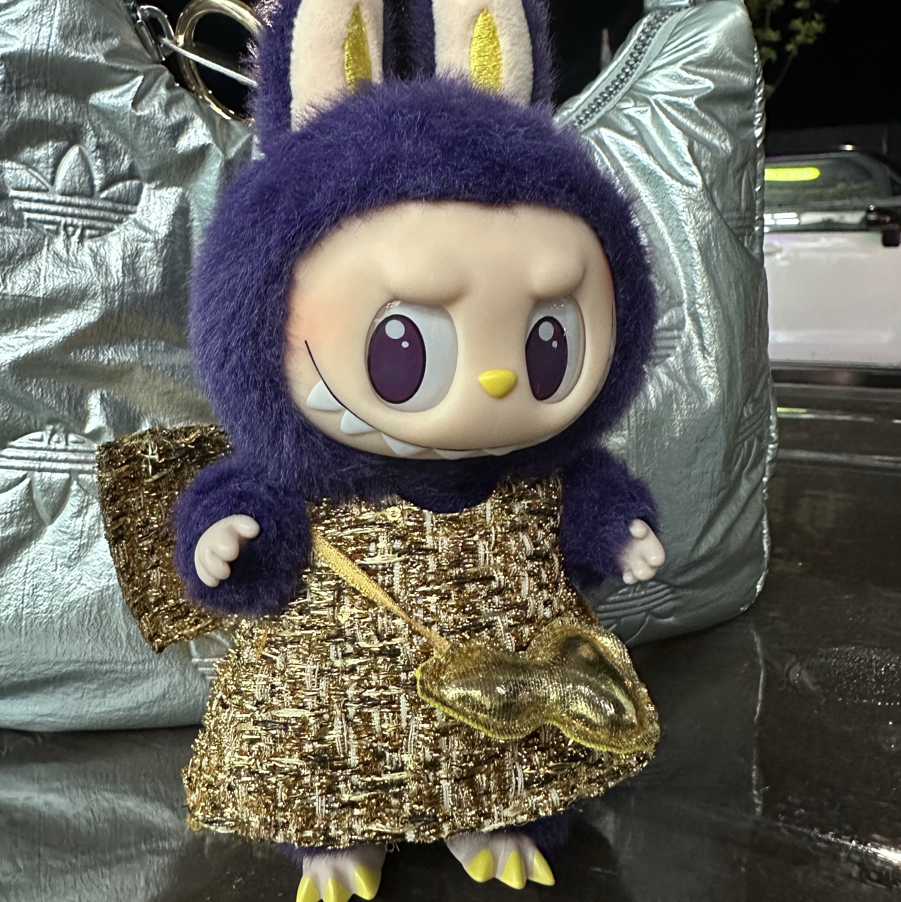 Pop Mart Labubu x Pronounce Lucky Fairy Toy Keyring, Adidas Puffy Satin Mini Shoulder Bag Silver Metallic 착용 스타일