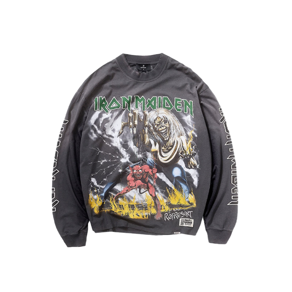 KM5CTSLRP07GY Represent x Iron Maiden Number Of The Beast Long Sleeve T-Shirt Sunfade Grey - 25FW