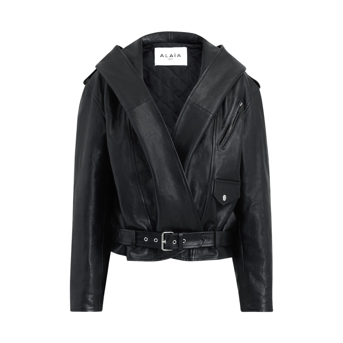 (W) 알라이아 파티나 나파 레더 후드 바이커 자켓 블랙((W) Alaia Patina Nappa Leather Hood Biker Jacket Black)