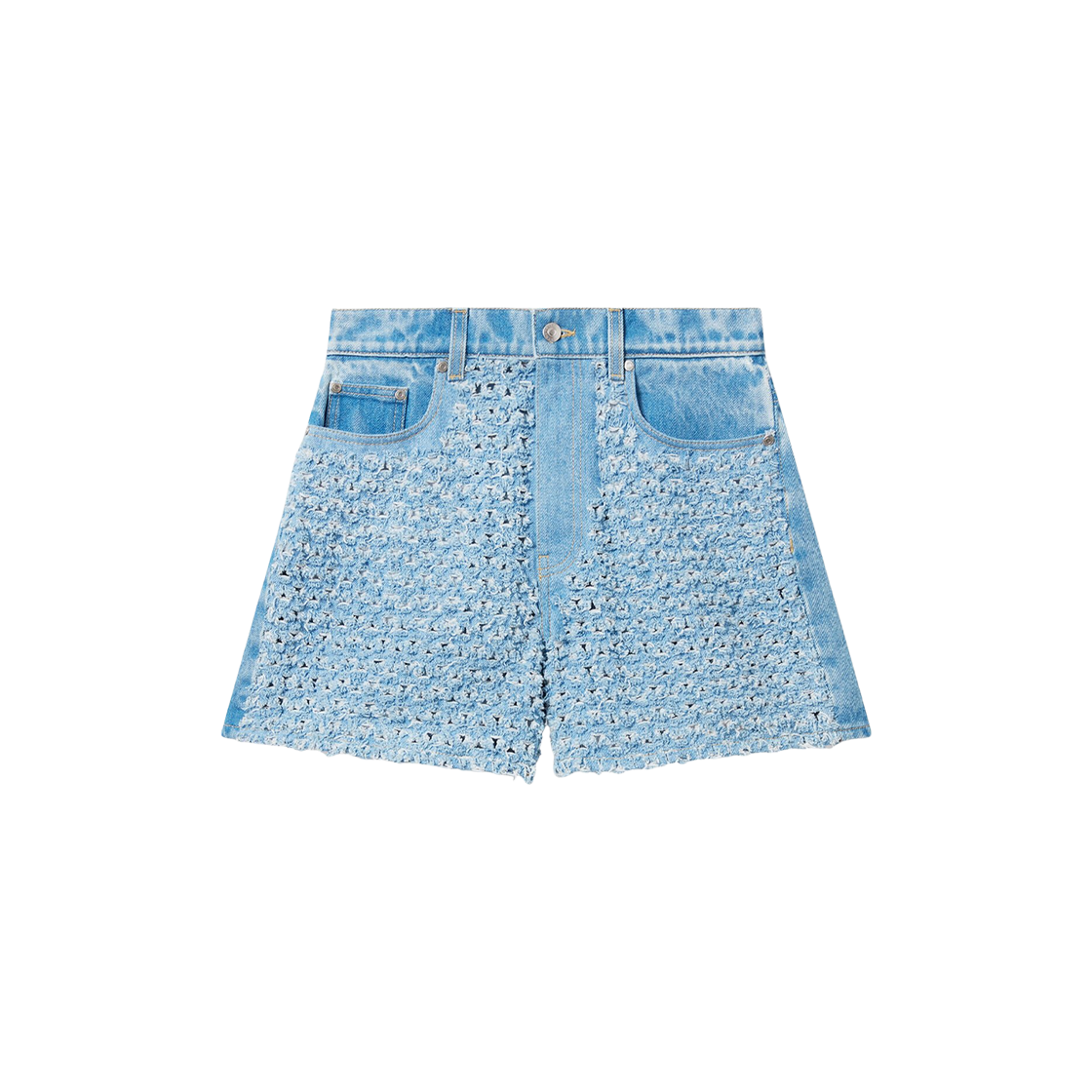 (W) 스텔라 맥카트니 미드 라이즈 데님 부클레 쇼츠 라이트 블루((W) Stella McCartney Mid Rise Denim Boucle Shorts Light Blue)