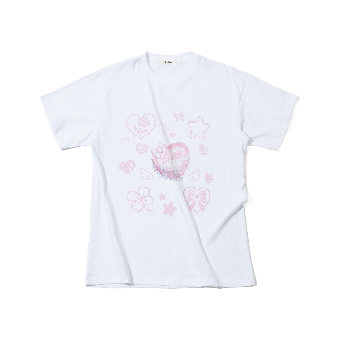 페이키 핑크 하트 케이크 픽셀 티셔츠 화이트(Fakiii Pink Heart Cake Pixel T-shirt White)