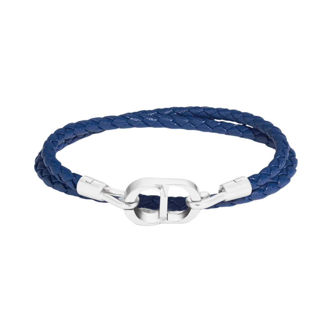 B1973HOMLE-D322 Dior CD Icon Braided Leather Double Bracelet Lambskin And Silver Finish Brass Navy Blue