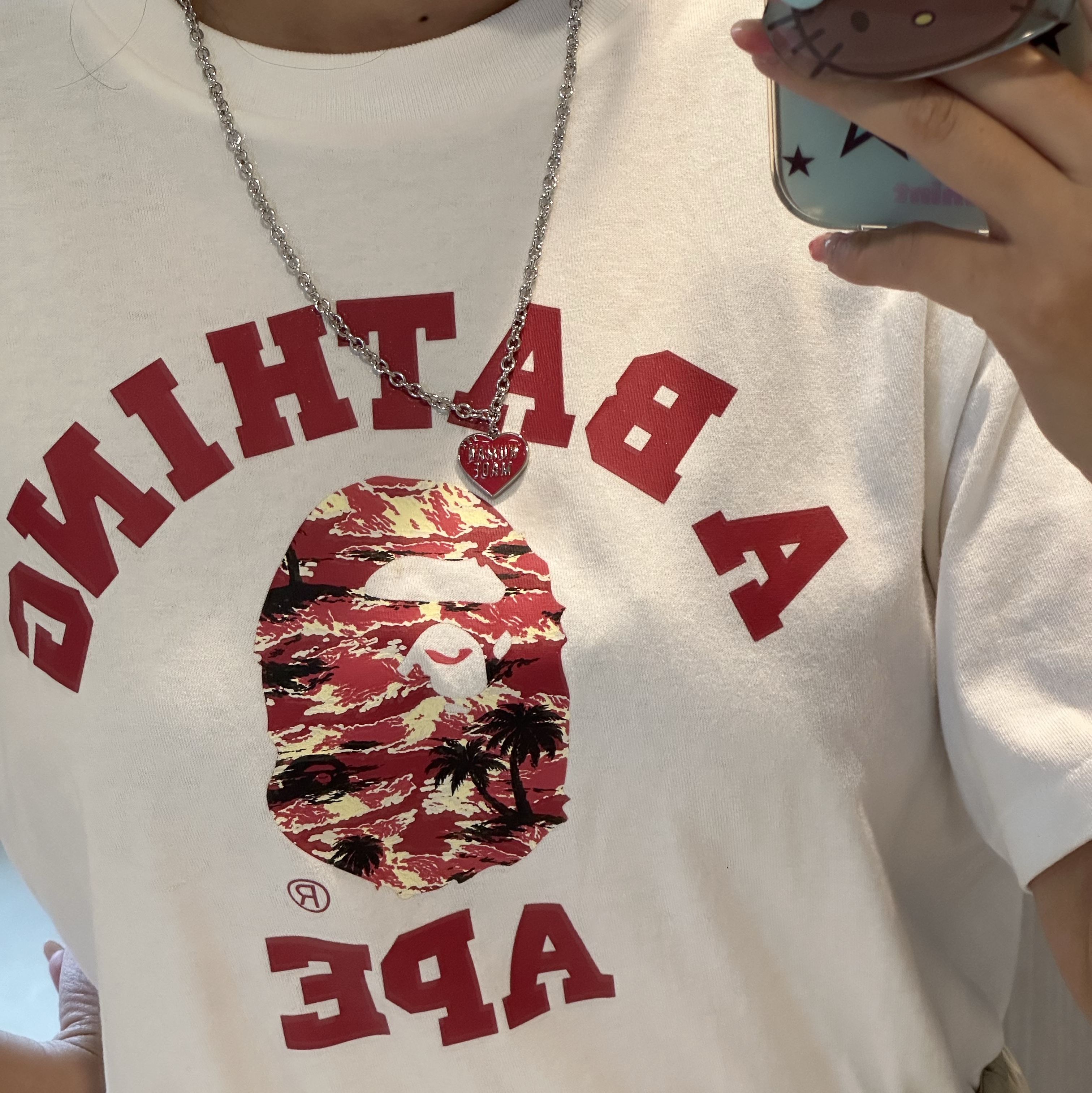 Human Made Heart Silver Necklace Red, Human Made Heart Necklace Red 착용 스타일