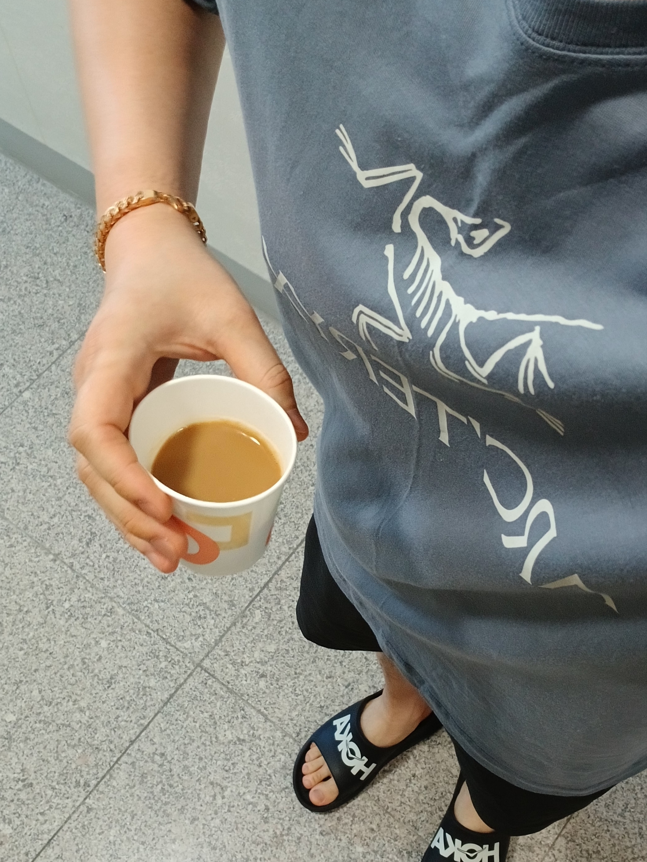 Arc'teryx Arc'word Logo SS T-Shirt Stratus Arctic Silk, Hoka Ora Athletic Slide Black White 착용 스타일 - 1
