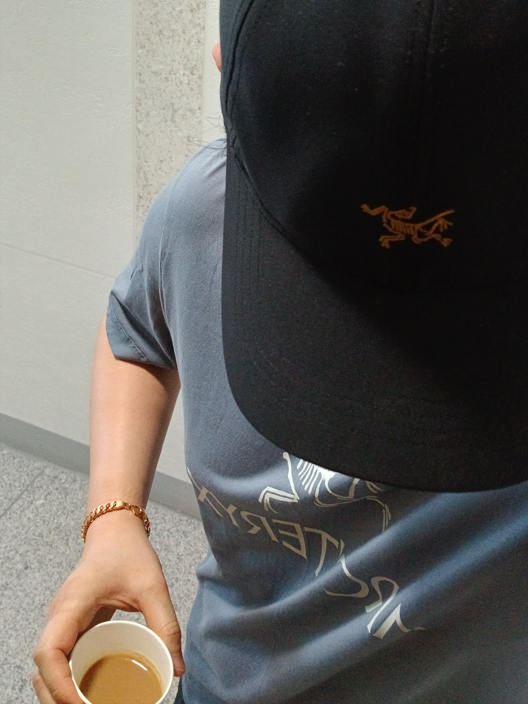 Arc'teryx Arc'word Logo SS T-Shirt Stratus Arctic Silk, Hoka Ora Athletic Slide Black White 착용 스타일 - 2