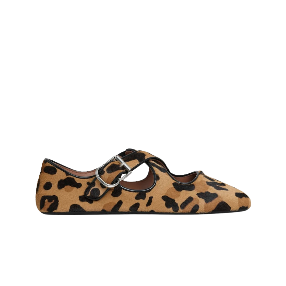 (W) 알라이아 크리스 크로스 레오파드 헤어카프 발레 플랫 세피아((W) Alaia Criss Cross Ballet Flats in Leopard Haircalf Sepia)