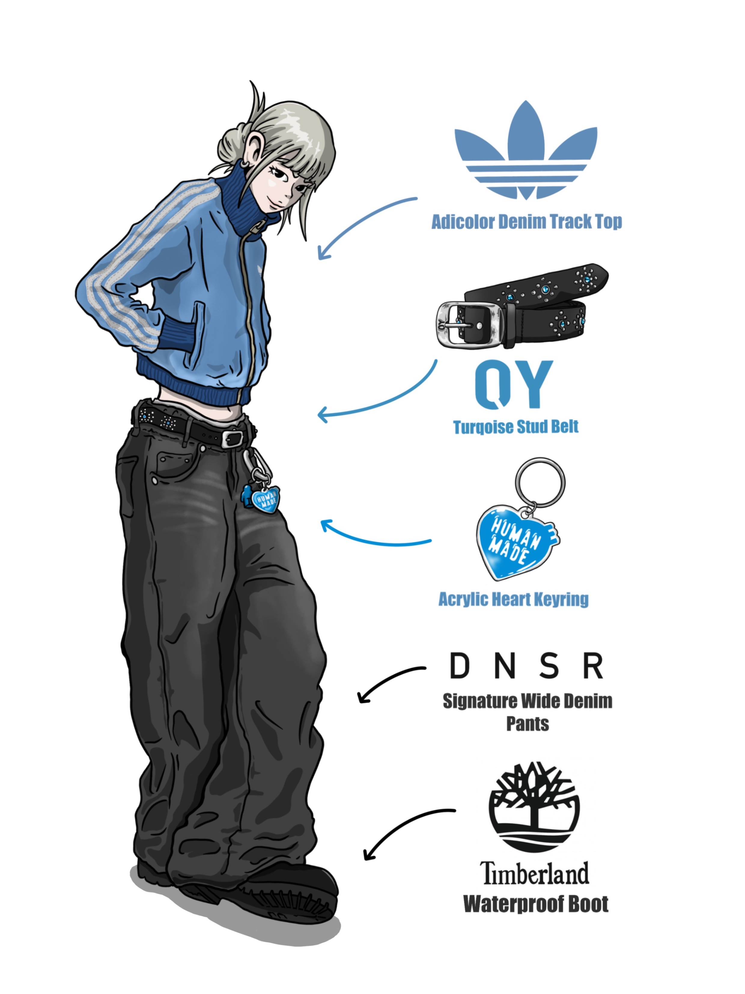 (W) Adidas Adicolor Denim Track Top True Indigo Denim - KR Sizing, Human Made Acrylic Heart Keyring Blue 착용 스타일